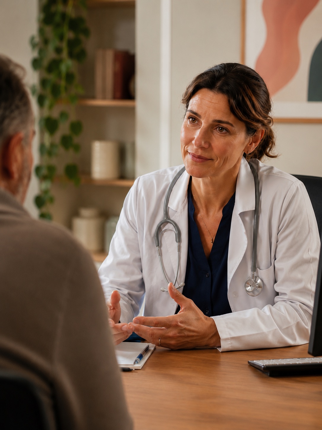 Hausärztin im Gespräch mit einem älteren Patienten im Sprechzimmer.